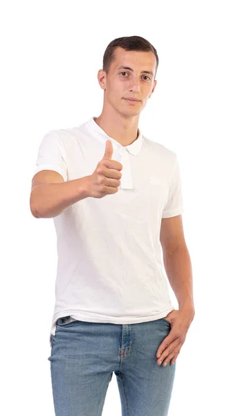 Jonge Man Met Een Vrolijk Wit Shirt Met Zijn Duim — Stockfoto