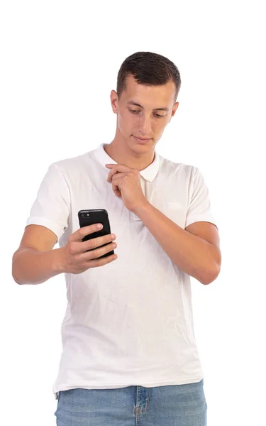 Mladý Muž Dělá Selfie Bílém Pozadí — Stock fotografie