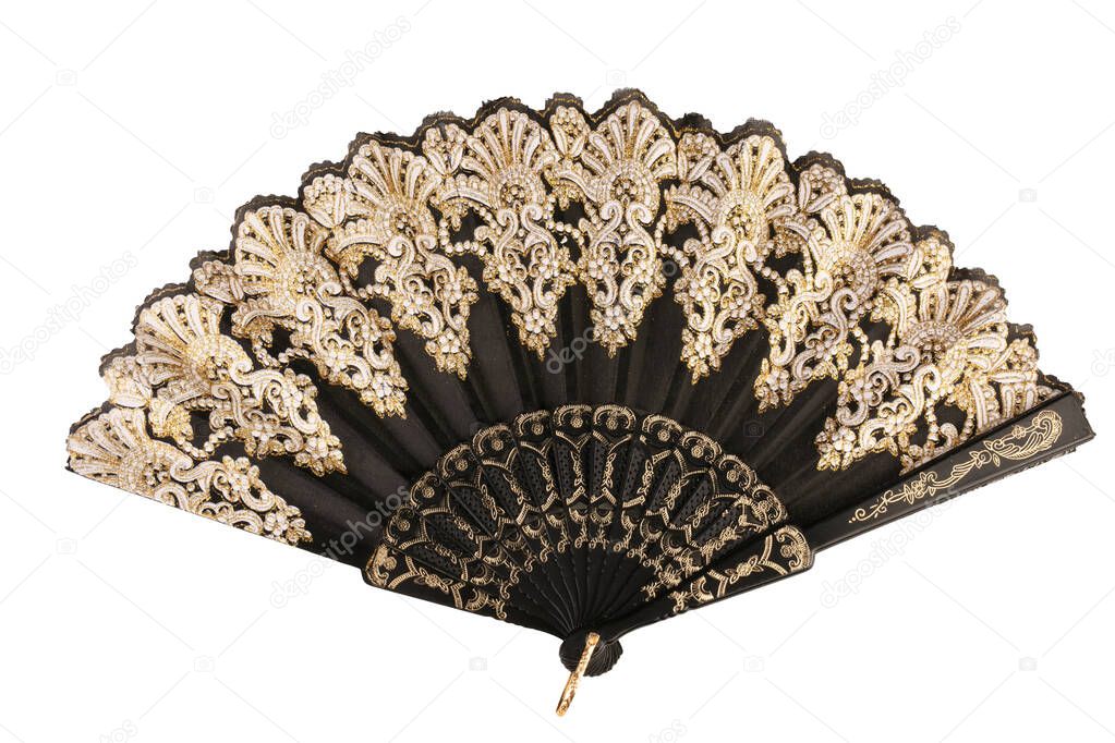 black and gold lace fan on white background