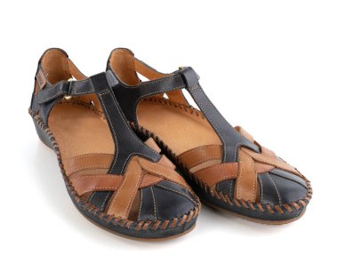 Beyaz arka planda bir çift kadın mavi ve kahverengi deri ayakkabısı.