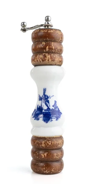 Vintage Wooden Porcelain Pepper Mill White Background — Stock Photo, Image