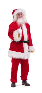 Noel Baba yukarı doğru itiyor, beyaz arka planda kesilmiş.