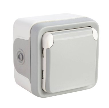 Beyaz arka planda gri açık hava elektrik prizi