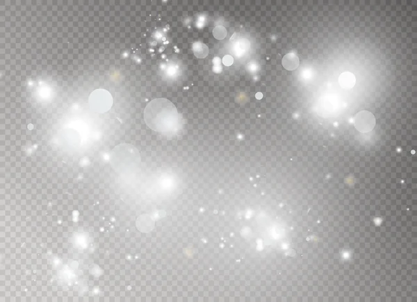 Scintille bianche e stelle dorate brillano effetto luce speciale. Il vettore brilla su sfondo trasparente. Natale astratto — Vettoriale Stock