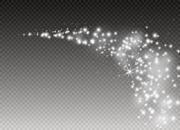 Fehér szikrák és aranyszínű csillag fénylik a különleges optikus hatás. Vektor ragyog-ra átlátszó háttér. Karácsonyi absztrakt — Stock Vector