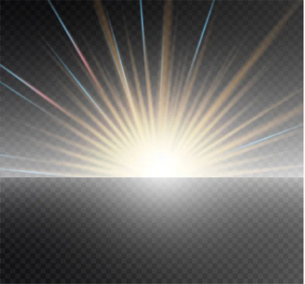 Λευκό φως πυράκτωσης έκρηξη έκρηξη σε διαφανές φόντο. Vector εικονογράφηση εφέ φωτισμού διακόσμηση με ray. Λαμπρό αστέρι. Διαφανές λάμπουν ήλιο, φωτεινό φωτοβολίδα. Κέντρο vibrant φλας. — Διανυσματικό Αρχείο