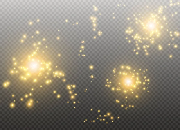 Etincelles blanches et étoiles dorées scintillent effet de lumière spécial. Vector scintille sur fond transparent. Résumé de Noël — Image vectorielle