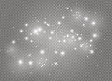 Beyaz kıvılcım ve altın yıldız özel ışık efekti parıltı. Vektör şeffaf arka plan üzerinde parıldıyor. Noel soyut