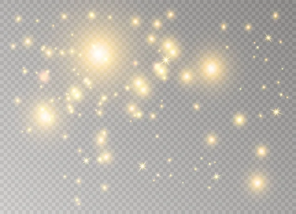 Chispas blancas y estrellas doradas brillan efecto de luz especial. El vector brilla sobre un fondo transparente. Resumen de Navidad — Vector de stock