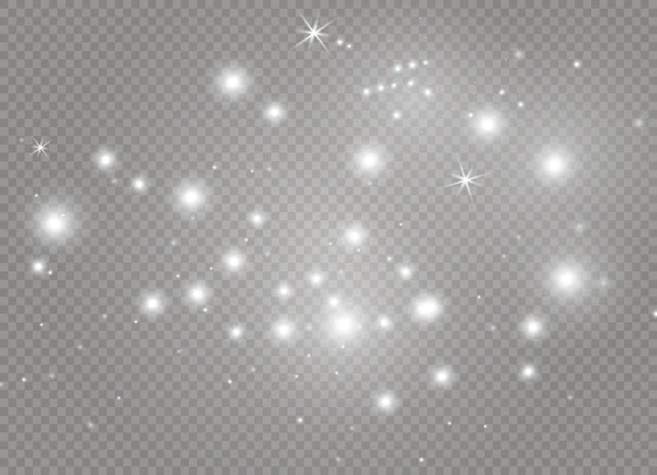 Faíscas brancas e estrelas douradas brilham efeito de luz especial. O vetor brilha no fundo transparente. Resumo de Natal —  Vetores de Stock