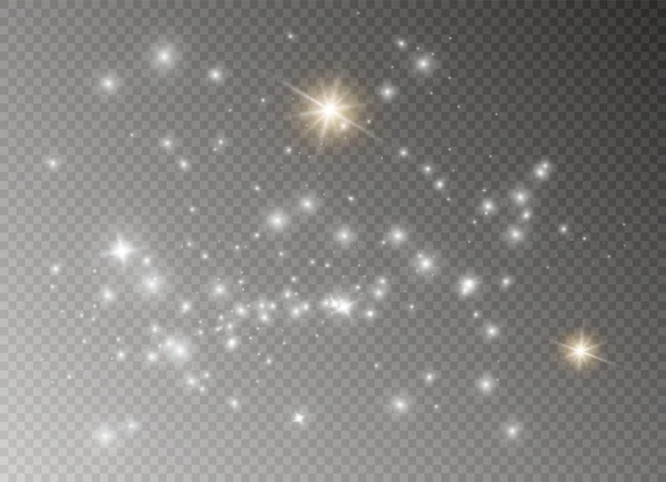 Белые искры и золотые звезды блестят особым светом. Векторные блики на прозрачном фоне. Рождественская абстракция — стоковый вектор