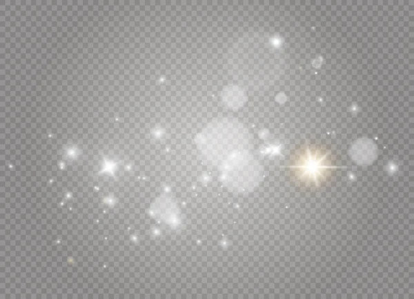 Faíscas brancas e estrelas douradas brilham efeito de luz especial. O vetor brilha no fundo transparente. Resumo de Natal —  Vetores de Stock