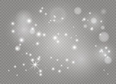 Beyaz kıvılcım ve altın yıldız özel ışık efekti parıltı. Vektör şeffaf arka plan üzerinde parıldıyor. Noel soyut