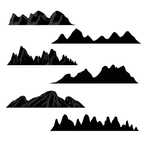 Mountain silhuetter förbise. Vector steniga kullar terräng vektor, bergen siluett ställa isolerade på vit bakgrund för landskapsplanering. — Stock vektor