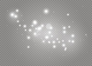 Beyaz kıvılcım ve altın yıldız özel ışık efekti parıltı. Vektör şeffaf arka plan üzerinde parıldıyor. Noel soyut