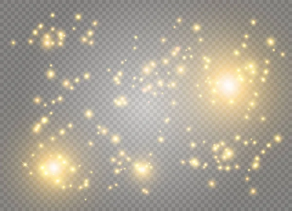 Beyaz kıvılcım ve altın yıldız özel ışık efekti parıltı. Vektör şeffaf arka plan üzerinde parıldıyor. Noel soyut — Stok Vektör
