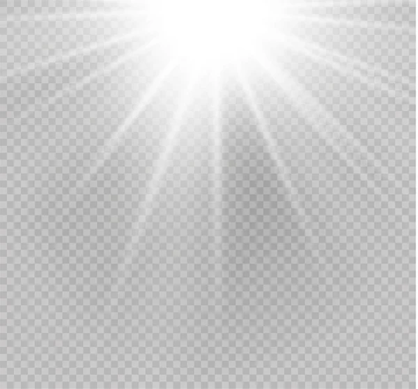 Esplosione di luce incandescente bianca su sfondo trasparente. Illustrazione vettoriale decorazione effetto luce con raggio. Una stella luminosa. Sole splendente traslucido, bagliore luminoso. Centro vibrante flash . — Vettoriale Stock
