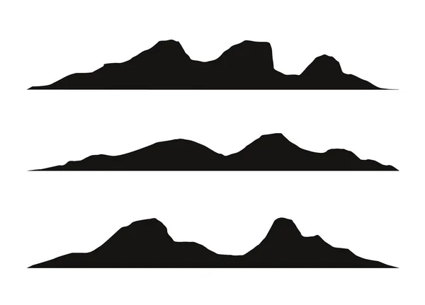 Mountain silhuetter förbise. Vector steniga kullar terräng vektor, bergen siluett ställa isolerade på vit bakgrund för landskapsplanering. — Stock vektor