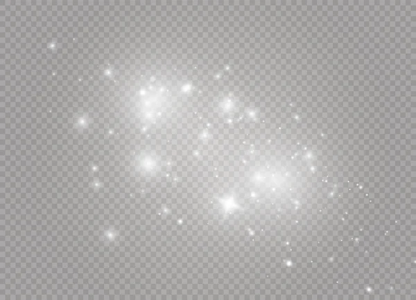 Faíscas brancas e estrelas douradas brilham efeito de luz especial. O vetor brilha no fundo transparente. Resumo de Natal — Vetor de Stock