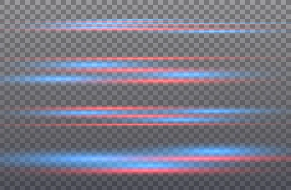 Effetto speciale vettoriale rosso e blu. Strisce luminose su fondo trasparente. Bello bagliore bagliore e movimento scintillante. . — Vettoriale Stock