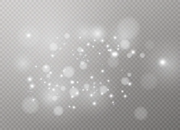 Scintille bianche e stelle dorate brillano effetto luce speciale. Il vettore brilla su sfondo trasparente. Natale astratto — Vettoriale Stock