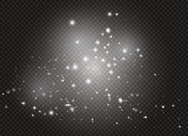 Beyaz kıvılcım ve altın yıldız özel ışık efekti parıltı. Vektör şeffaf arka plan üzerinde parıldıyor. Noel soyut