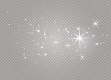 Beyaz kıvılcım ve altın yıldız özel ışık efekti parıltı. Vektör şeffaf arka plan üzerinde parıldıyor. Noel soyut