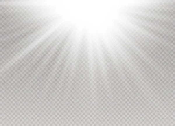 Λευκό φως πυράκτωσης έκρηξη έκρηξη σε διαφανές φόντο. Vector εικονογράφηση εφέ φωτισμού διακόσμηση με ray. Λαμπρό αστέρι. Διαφανές λάμπουν ήλιο, φωτεινό φωτοβολίδα. Κέντρο vibrant φλας. — Διανυσματικό Αρχείο