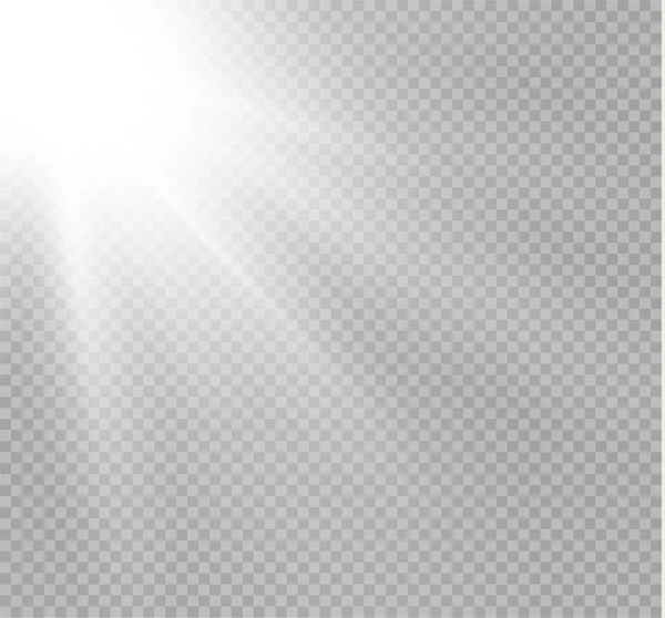 Explosão de luz brilhante branca no fundo transparente. Ilustração vetorial decoração efeito de luz com raio. Estrela brilhante. Sol translúcido, clarão brilhante. Centro vibrante flash . —  Vetores de Stock
