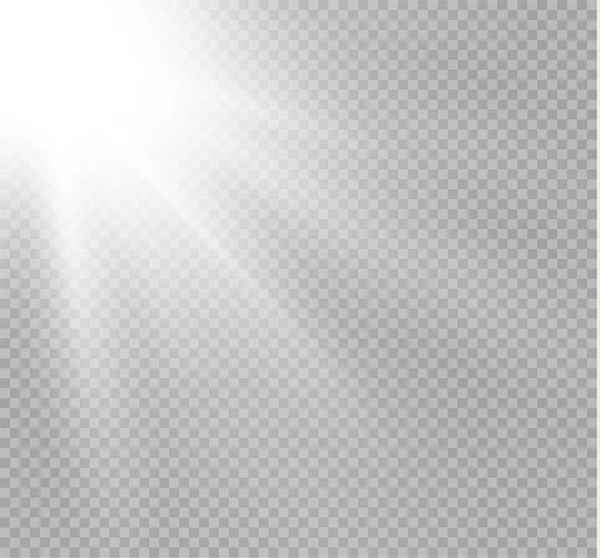 Explosión de luz brillante blanca sobre fondo transparente. Ilustración vectorial efecto de luz decoración con rayo. Una estrella brillante. Sol brillante translúcido, destello brillante. Centro vibrante flash . — Vector de stock