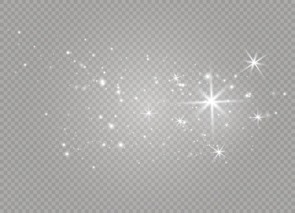 Faíscas brancas e estrelas douradas brilham efeito de luz especial. O vetor brilha no fundo transparente. Resumo de Natal — Vetor de Stock