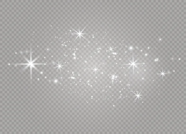 Faíscas brancas e estrelas douradas brilham efeito de luz especial. O vetor brilha no fundo transparente. Resumo de Natal — Vetor de Stock