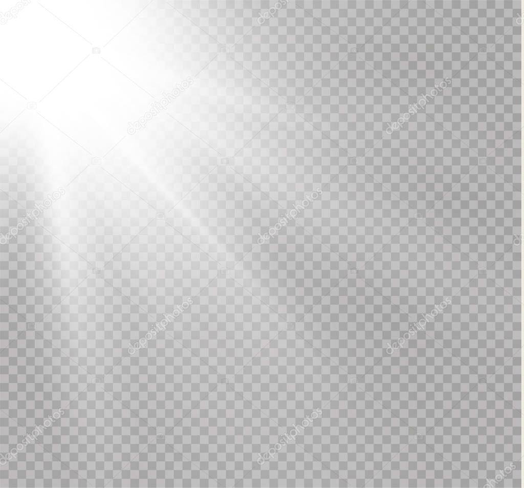 White glowing light burst explosion on transparent background. Vector illustration light effect decoration with ray. Bright star. Translucent shine sun, bright flare. Center vibrant flash.