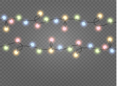 Noel ışıkları gerçekçi tasarım unsurlarını izole etti. Xmas tatil kartları, afişler, posterler, web tasarımı için parlayan ışıklar. Çelenkler. Led neon lambası.