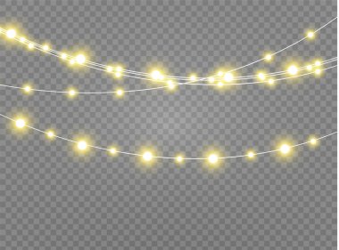 Noel ışıkları gerçekçi tasarım unsurlarını izole etti. Xmas tatil kartları, afişler, posterler, web tasarımı için parlayan ışıklar. Çelenkler. Led neon lambası.