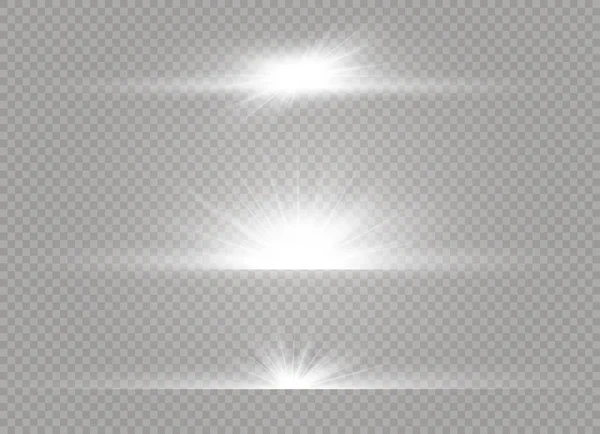 투명 한 배경에 흰색 빛나는 빛 버스트 폭발. 와 벡터 일러스트 레이 션 효과 장식입니다. 밝은 별. 반투명 빛나는 태양, 밝은 플레어. 센터 역동적인 플래시. — 스톡 벡터