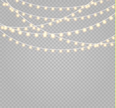 Noel ışıkları gerçekçi tasarım unsurlarını izole etti. Xmas tatil kartları, afişler, posterler, web tasarımı için parlayan ışıklar. Çelenkler. Led neon lambası