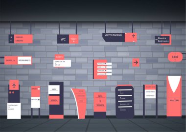 Tabelalar iş için kümesi. Yön, duvara montaj aparatı ve billboard tasarlayın. Bir dizi açık ve kapalı için reklam imzalar. bir işaret bir pilon, levha, tabela reklam İnşaat.