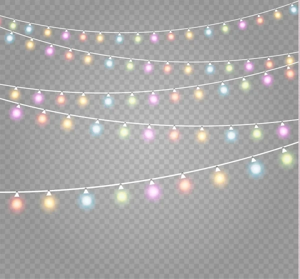 Luci Natale Isolati Elementi Design Realistici Luci Luminose Natale Biglietti — Vettoriale Stock