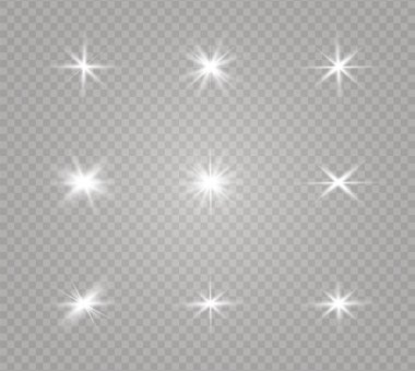 Beyaz parlayan ışık şeffaf bir arkaplanda patlar. Parlak sihirli toz parçacıkları. Parlak Yıldız. Şeffaf, parlak güneş. Vektör ışıltısı. Parlak bir ışıltı için.