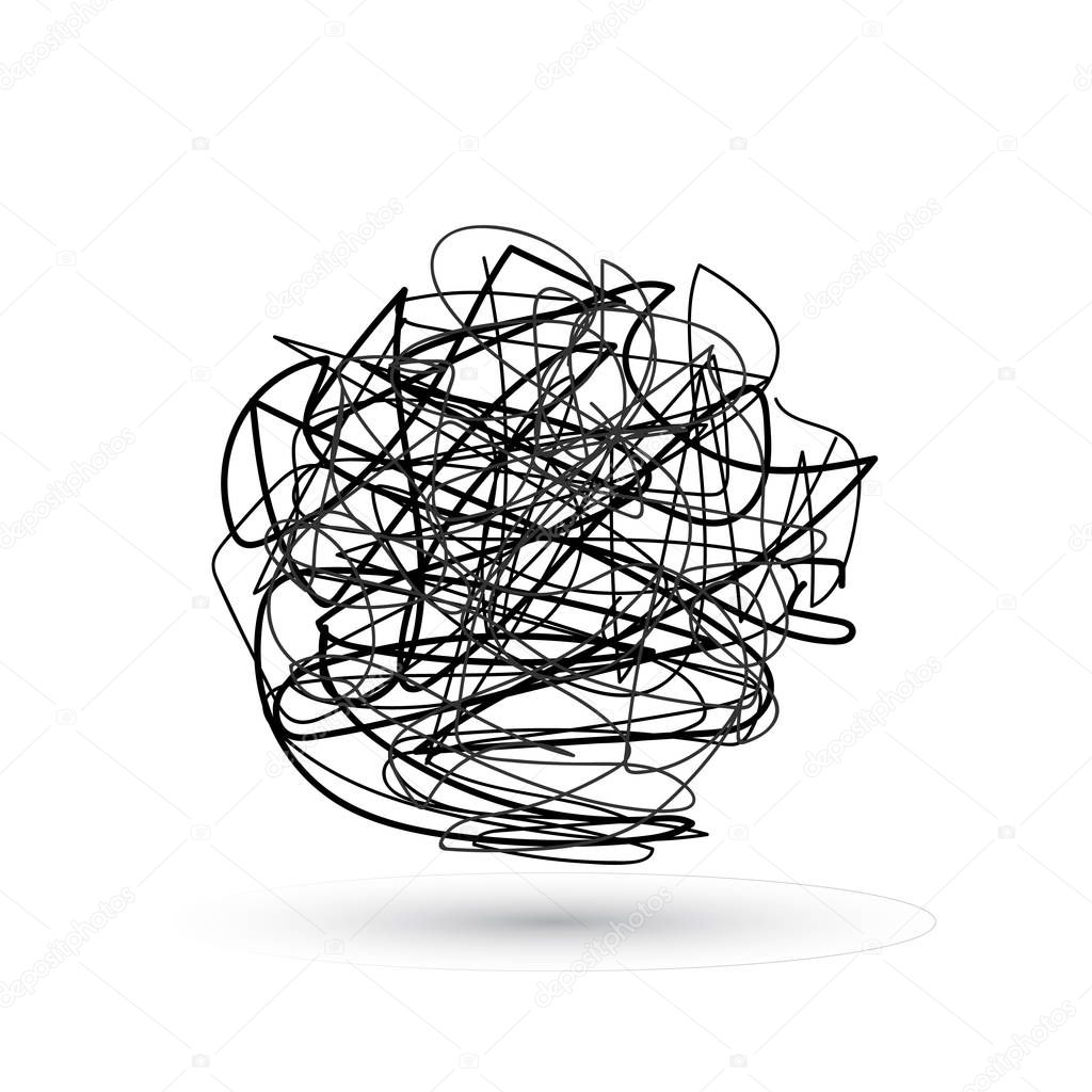 Insane messy line.Set of symbol of complicated way with scribbled round element, chaos sign, pass the way linear arrow with clew or tangle ball in center. Vector illustration.
