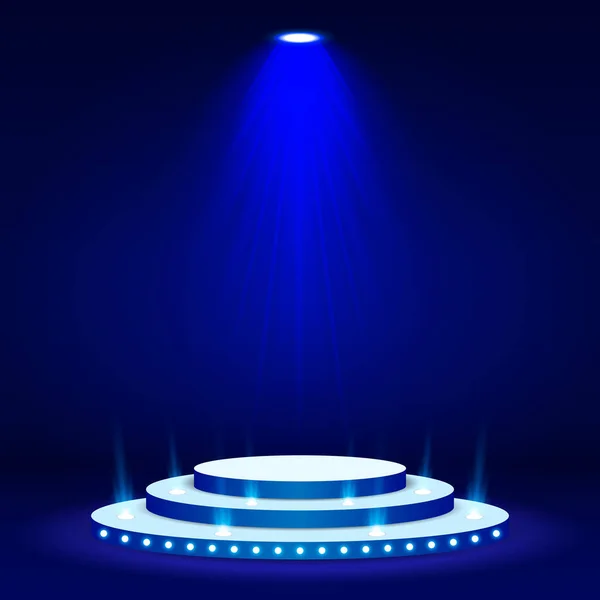 Weißes Podium Mit Beleuchtung Auf Blauem Hintergrund — Stockvektor
