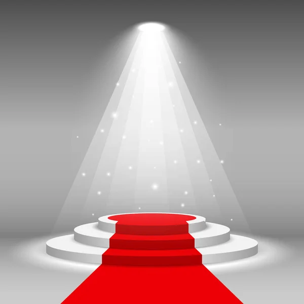 Bílý Pruh Pódium Červeném Koberci Osvětlením — Stockový vektor