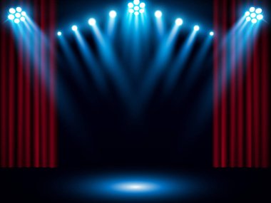 Blue spotlighting with red curtains on background clipart