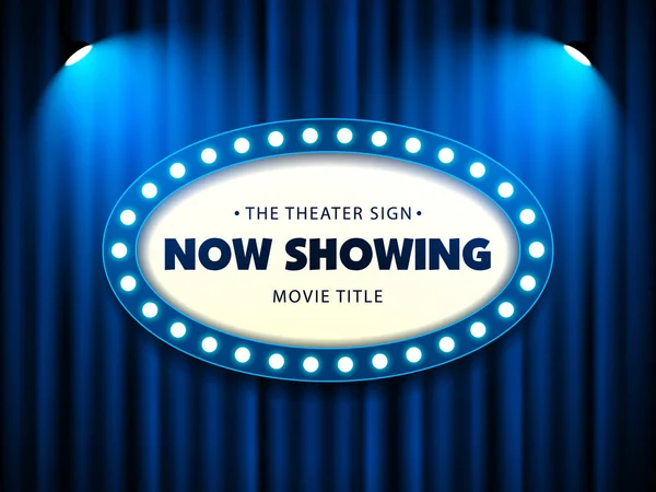 Theater sign in lighting frame on blue curtain background