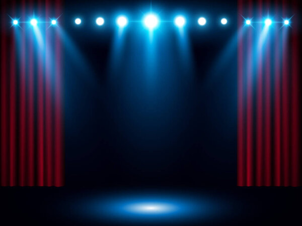 Blue spotlighting with red curtains on background