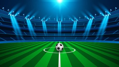 Futbol arena alan parlak stadyum parlayan ışıklar vektör tasarımı ile. Vektör aydınlatma