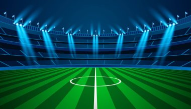 Futbol arena alan parlak stadyum parlayan ışıklar vektör tasarımı ile. Vektör aydınlatma