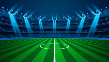 Futbol arena alan parlak stadyum parlayan ışıklar vektör tasarımı ile. Vektör aydınlatma