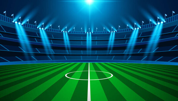 Поле футбольной арены с ярким векторным освещением стадиона. Векторное освещение
